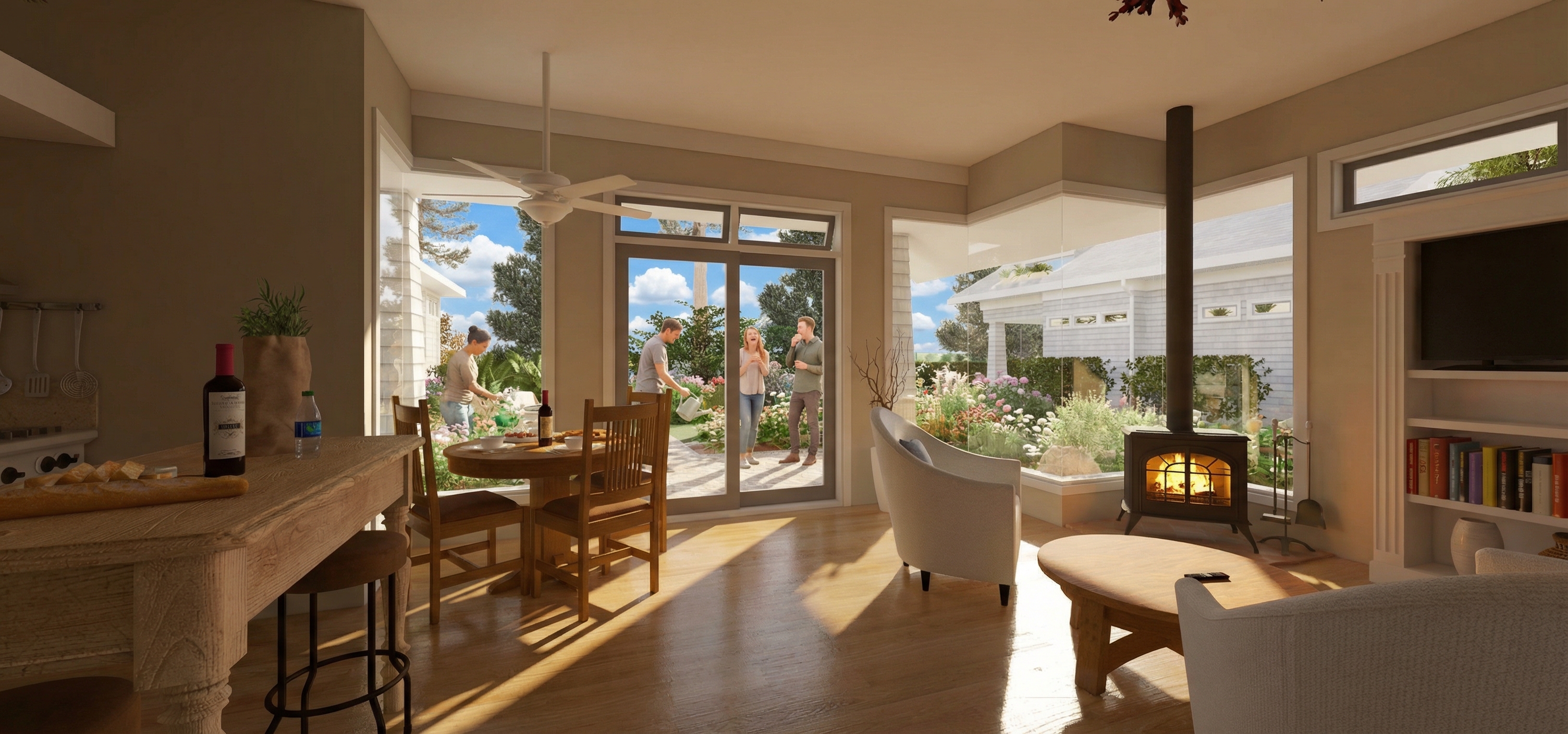 Redwood Inn bungalow interior with garden view