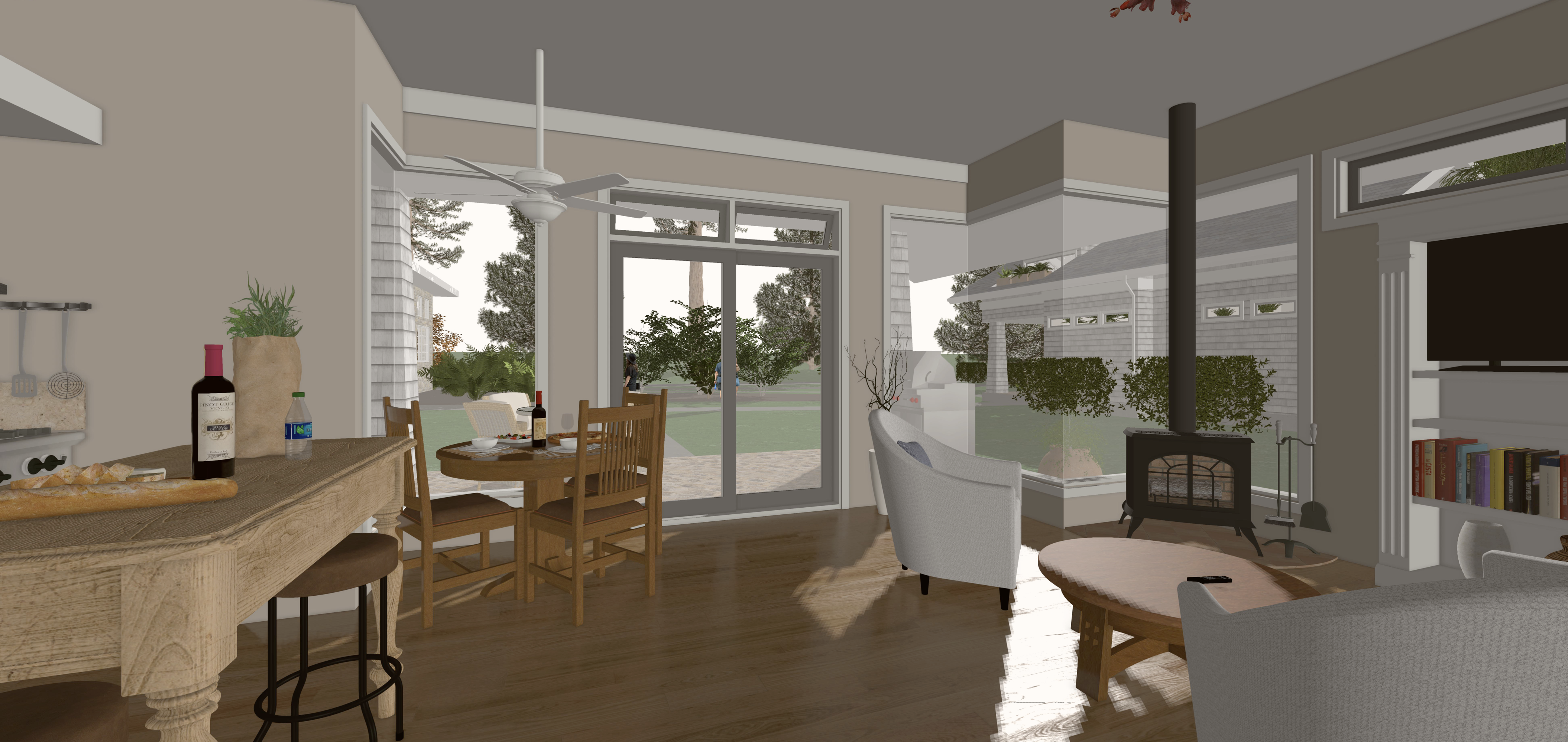 Redwood Inn bungalow interior with pizza oven visible outside