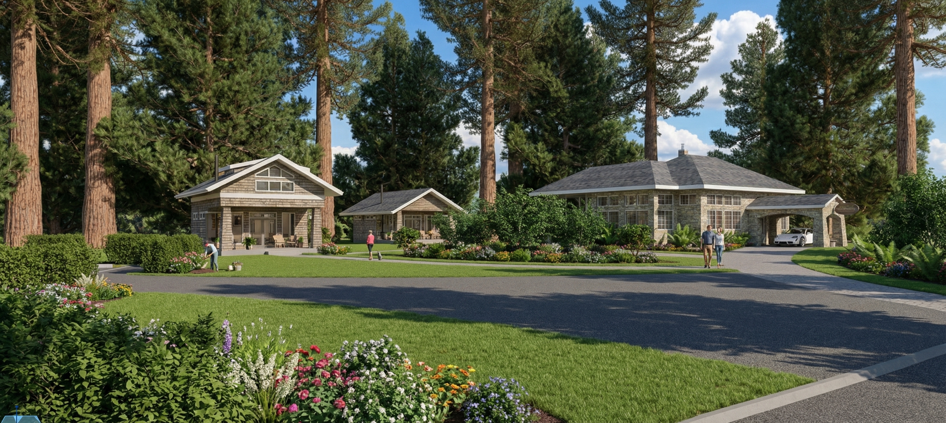 Angled exterior view of the Redwood Inn compound
