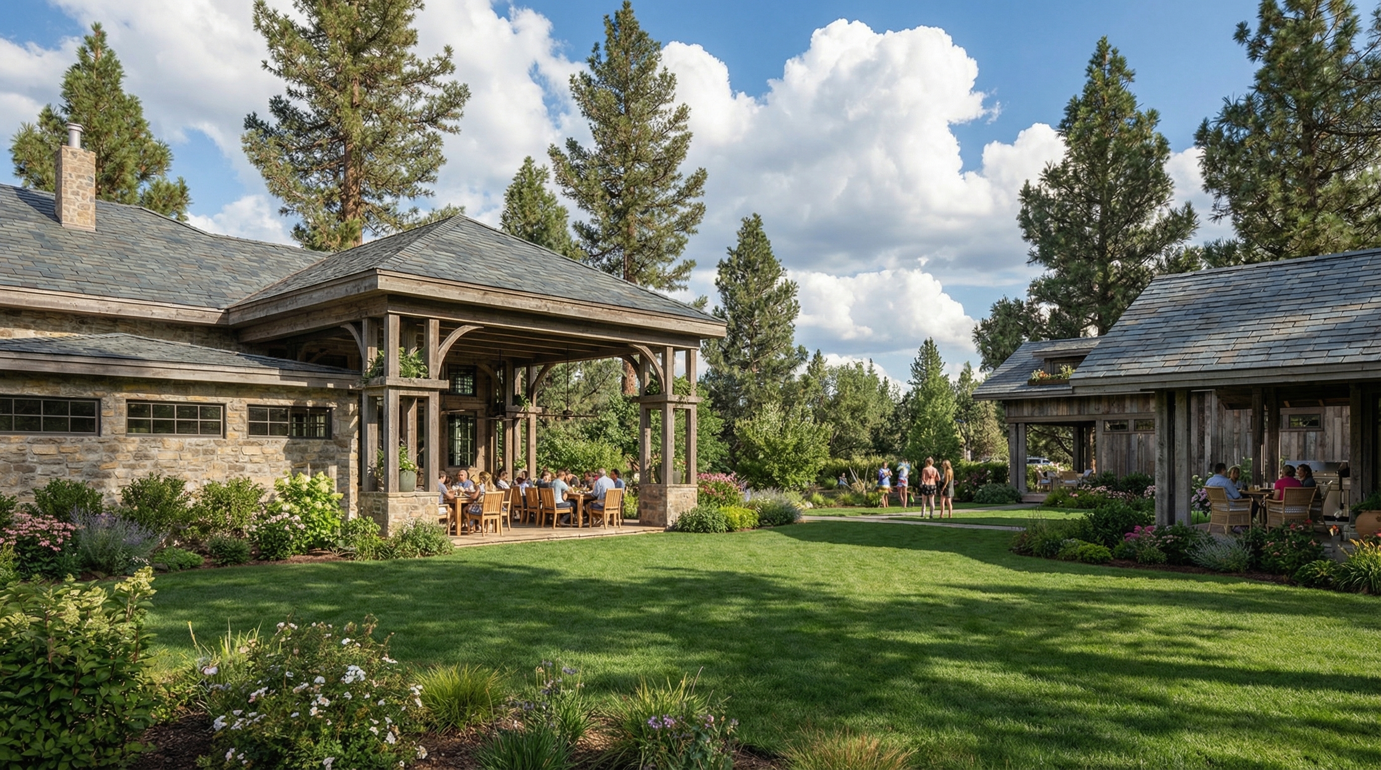 Redwood Inn lodge courtyard dining pergola