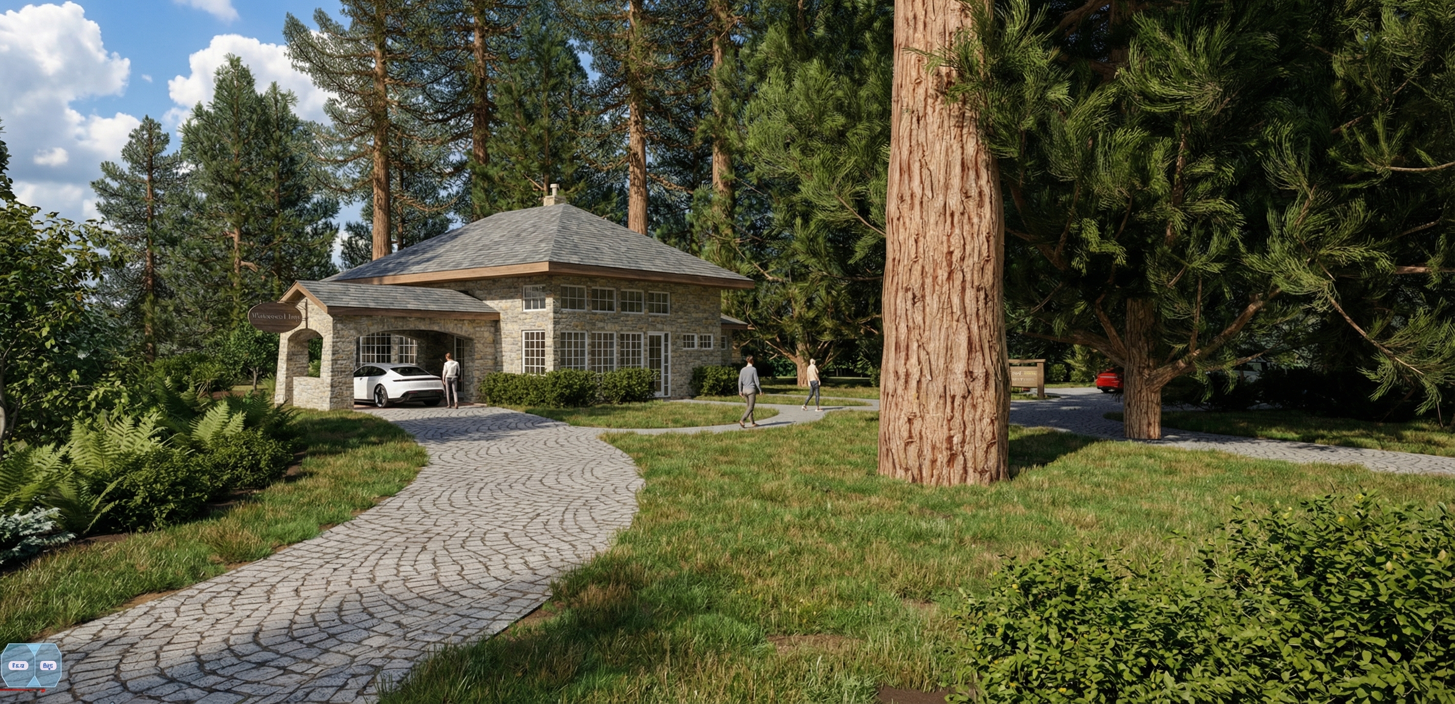 Redwood Inn stone lodge entrance with porte cochere