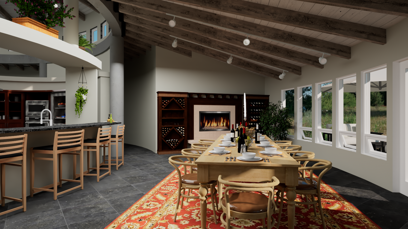 Round House dining room with loft view