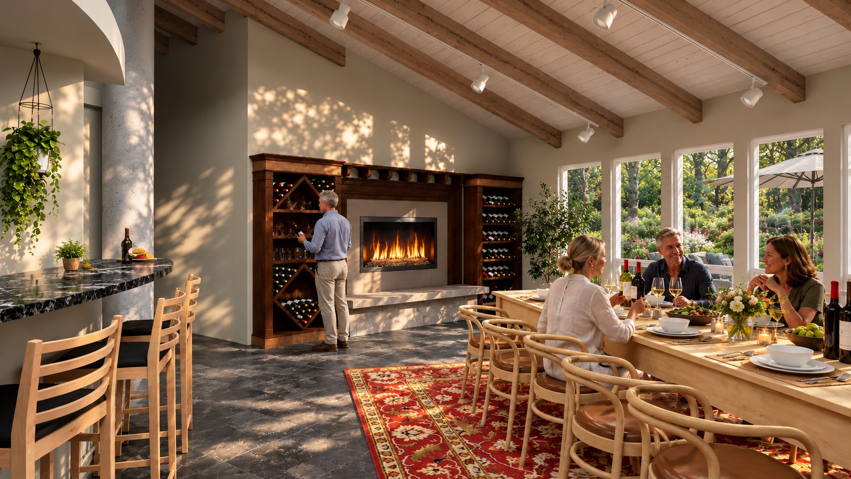 Round House dining table and fireplace wall
