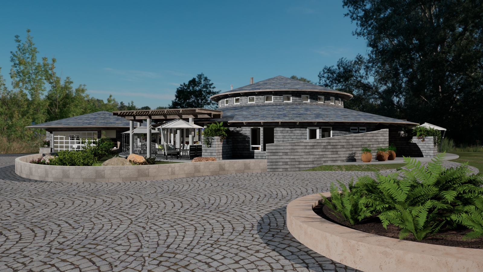 Round House exterior, closer motor court view