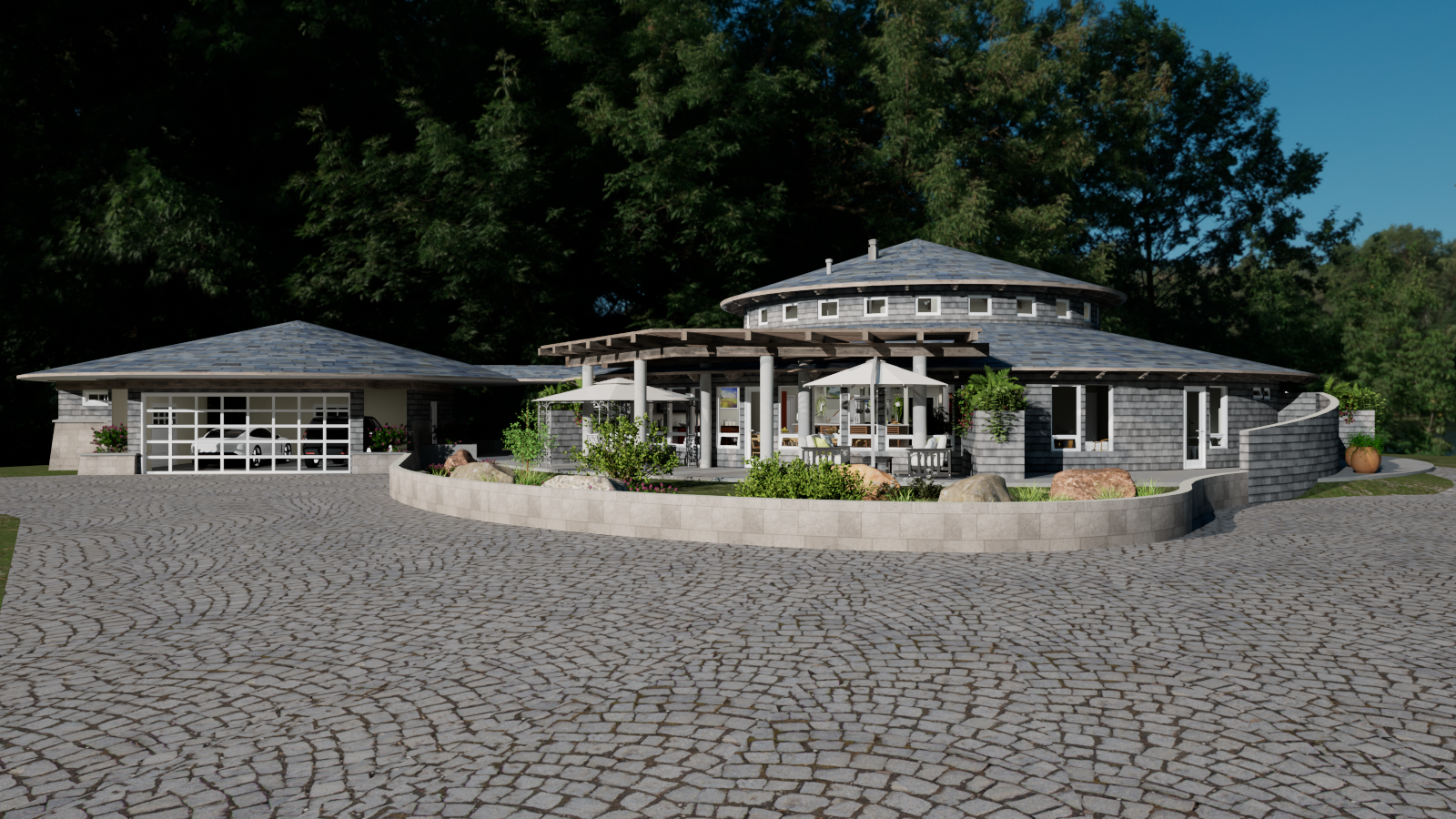 Round House — circular tower and garage across the motor court