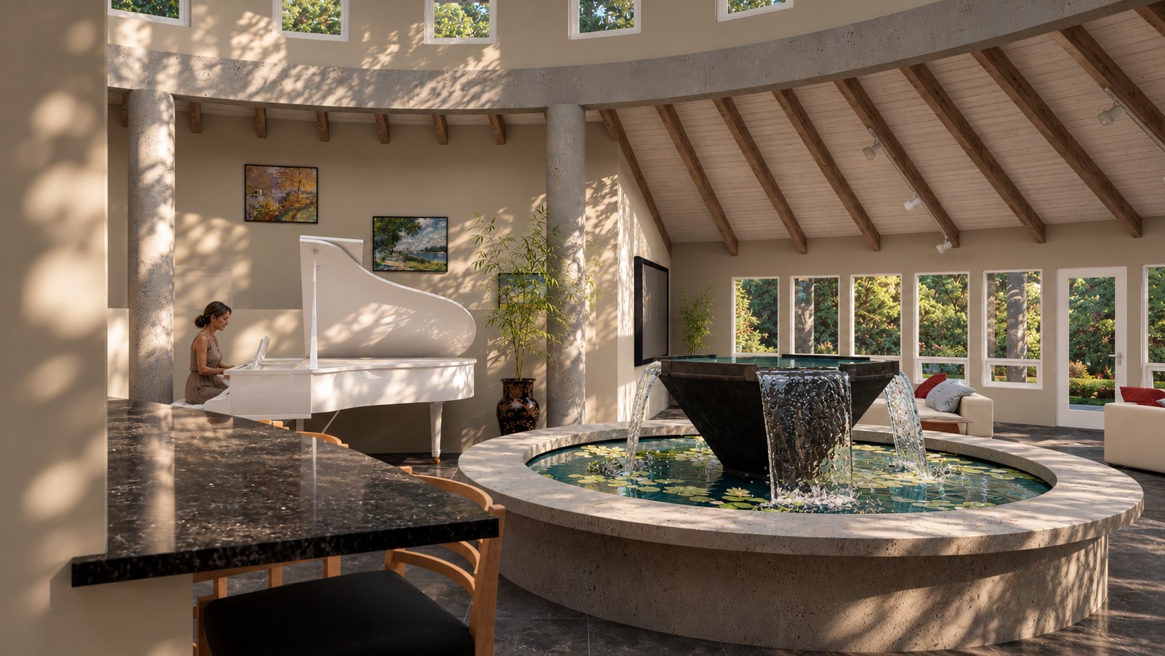 Round House fountain and grand piano