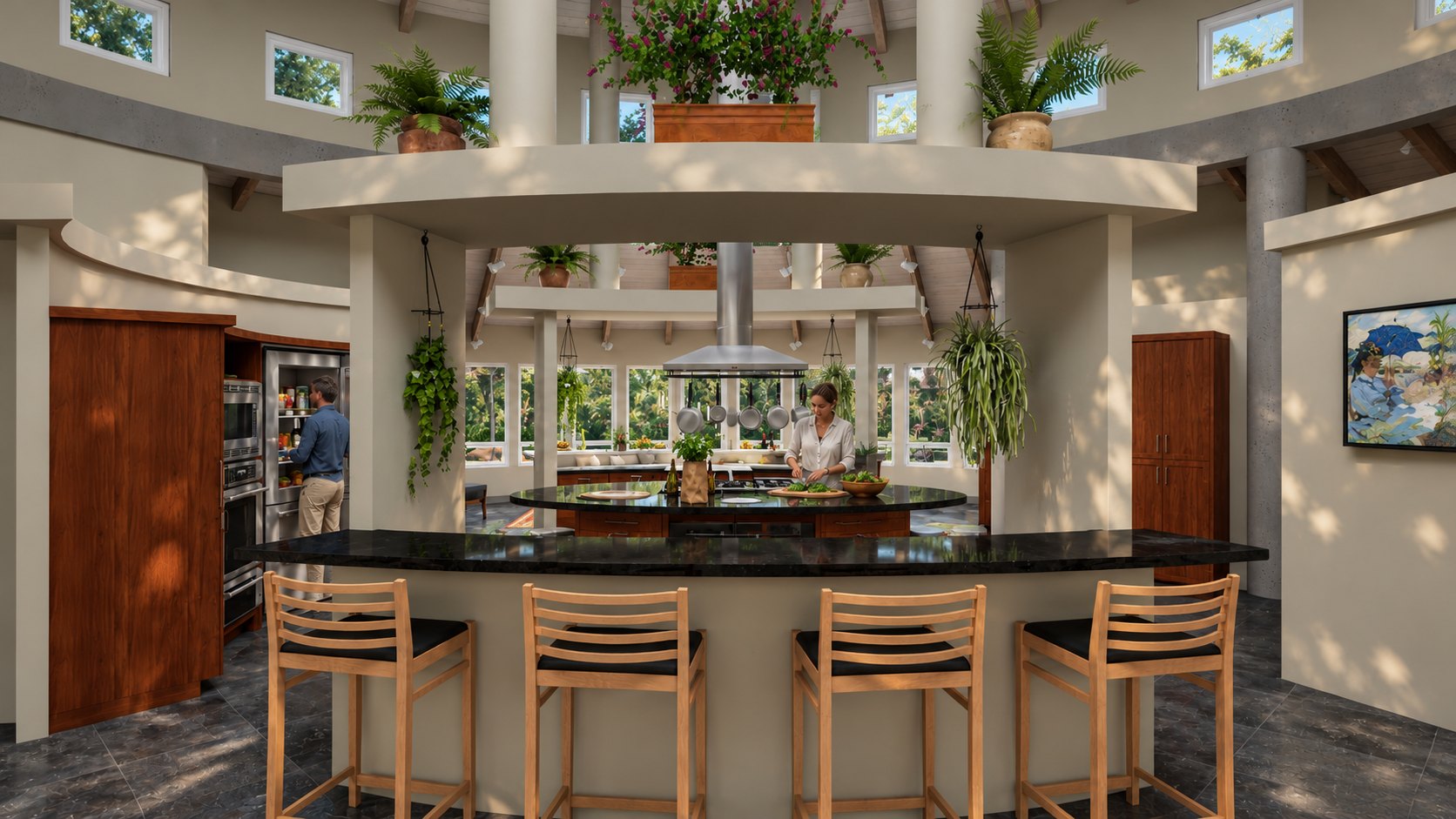 Round House kitchen bar toward the island