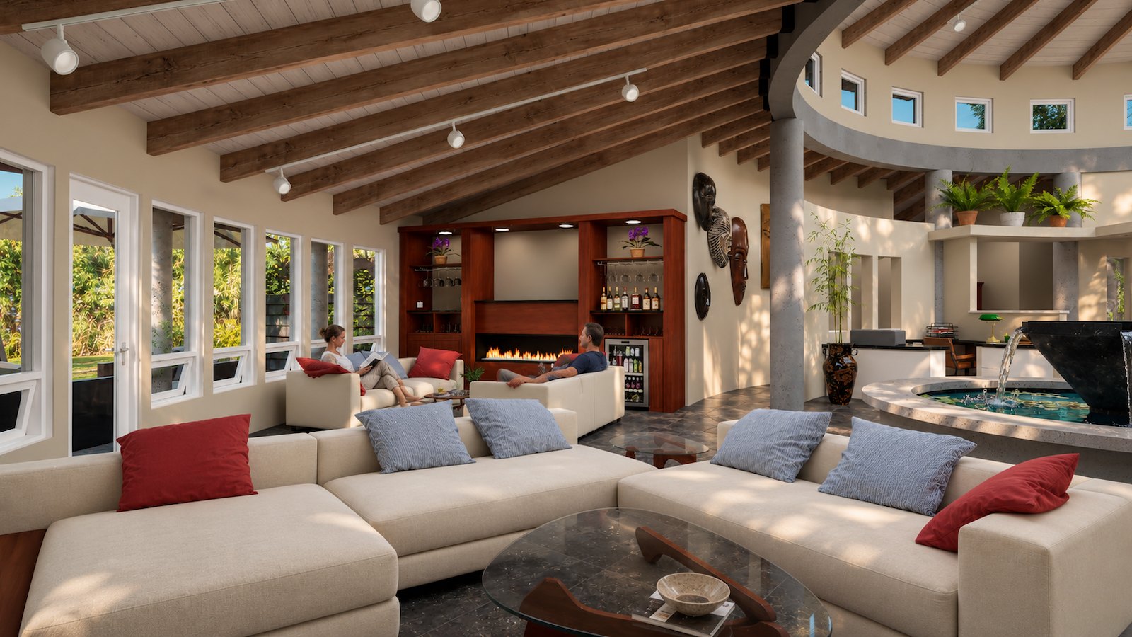 Round House living room fireplace wall