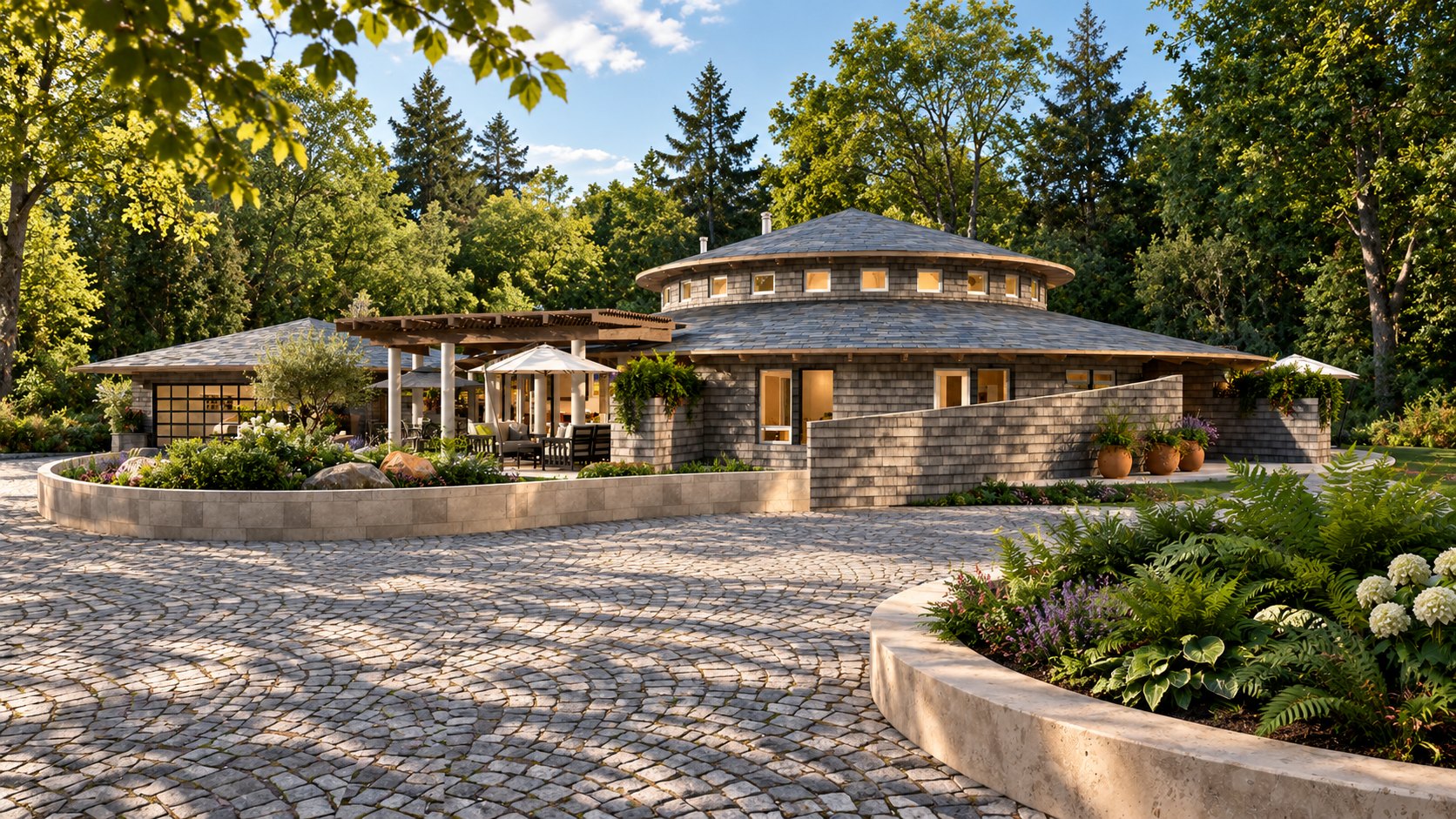 Round House across the cobblestone motor court