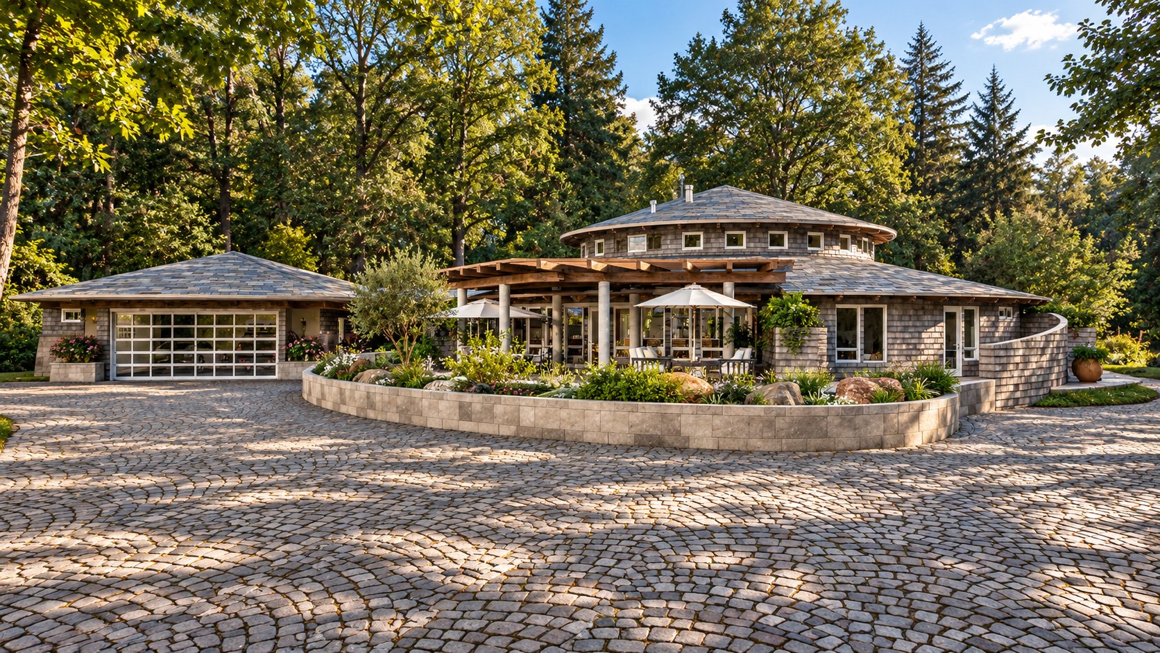 Round House front elevation across the motor court