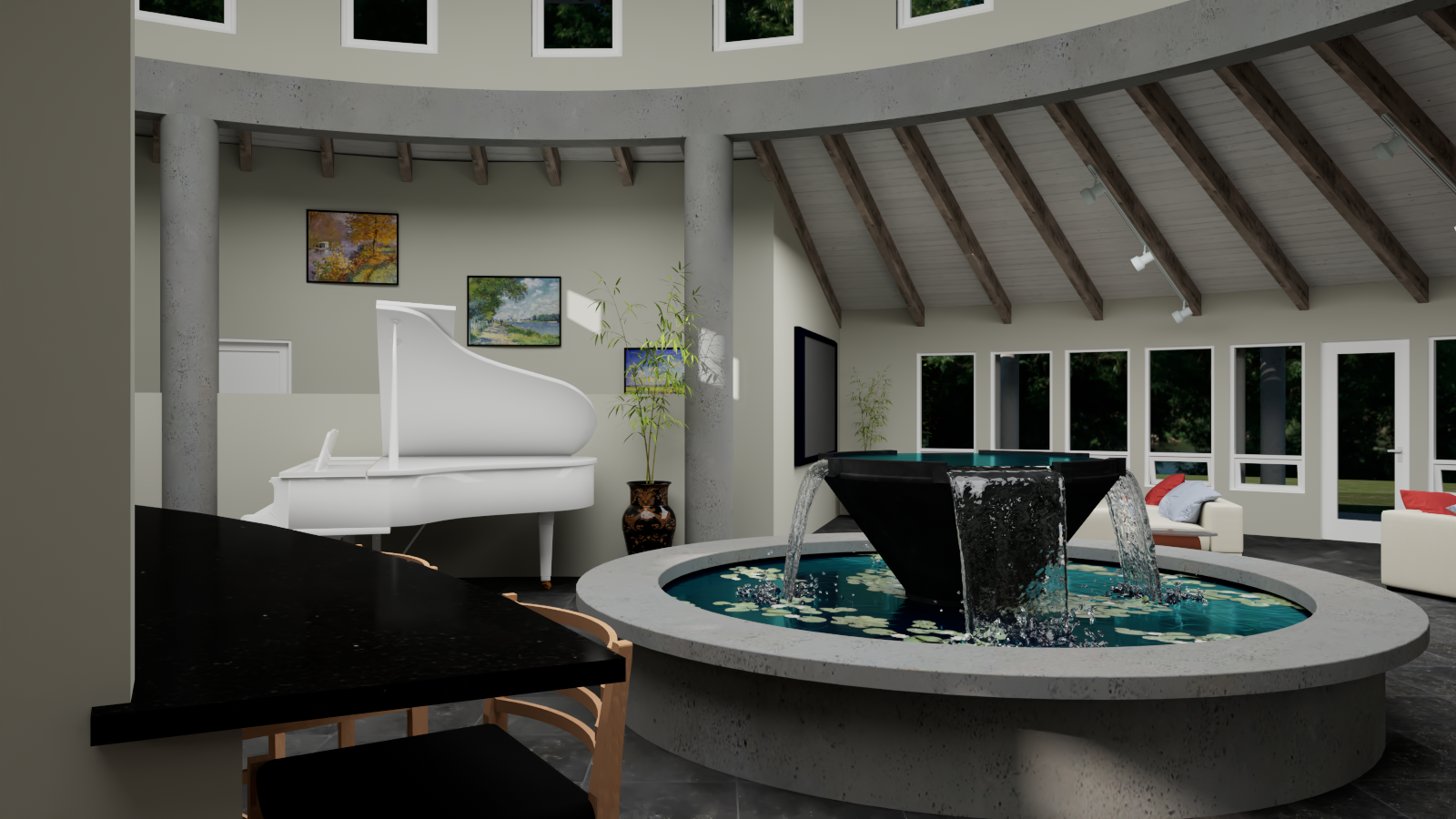 Round House fountain and grand piano