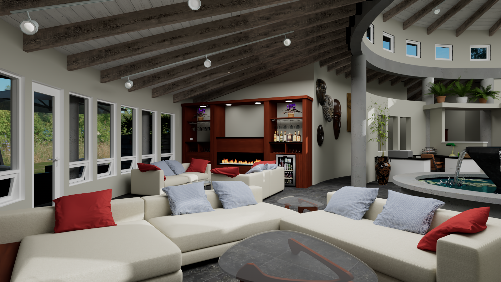 Round House living room with fireplace and masks
