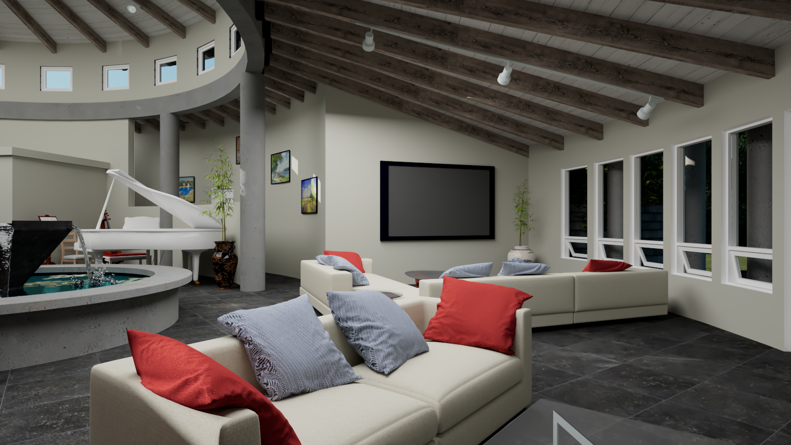 Round House living room with piano and fountain