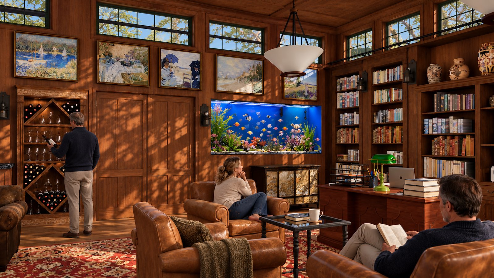 The Study aquarium wall and wine rack