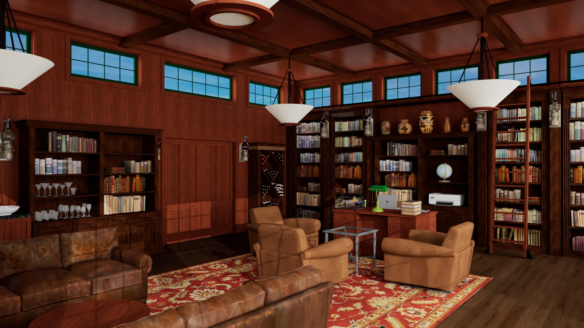 Study desk with globe and lake view through windows