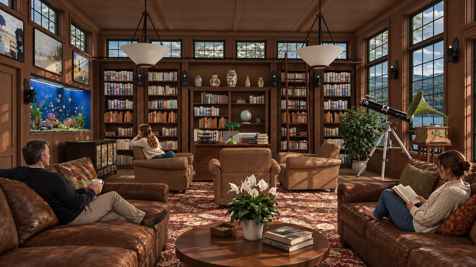 The Study desk and library wall