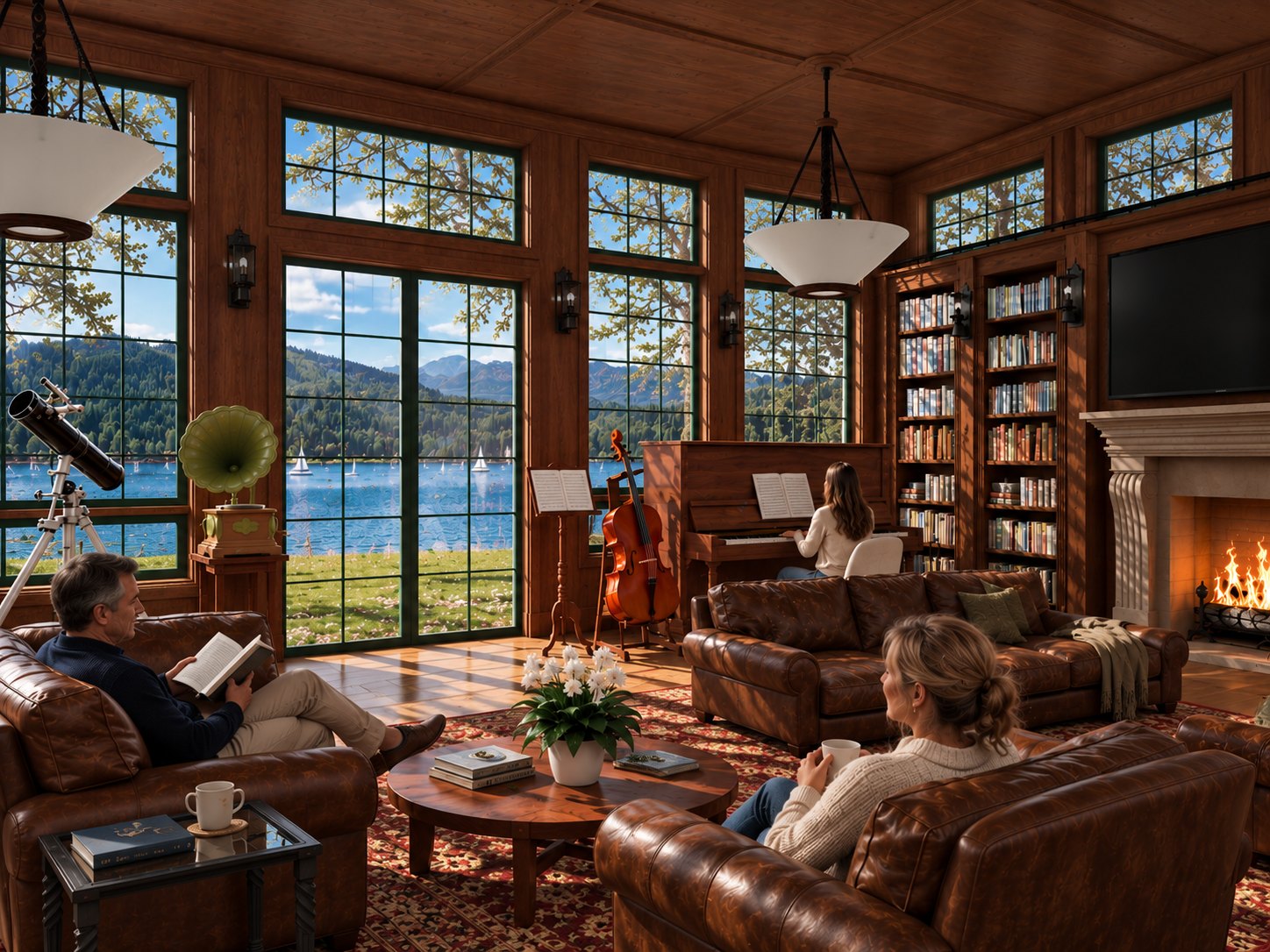 The Study — leather seating by the fireplace, lake windows beyond
