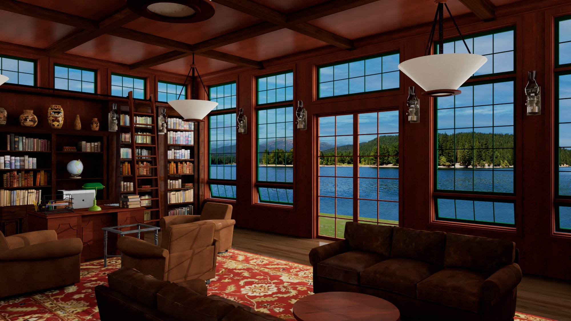 Study fireplace with library shelving and wet bar