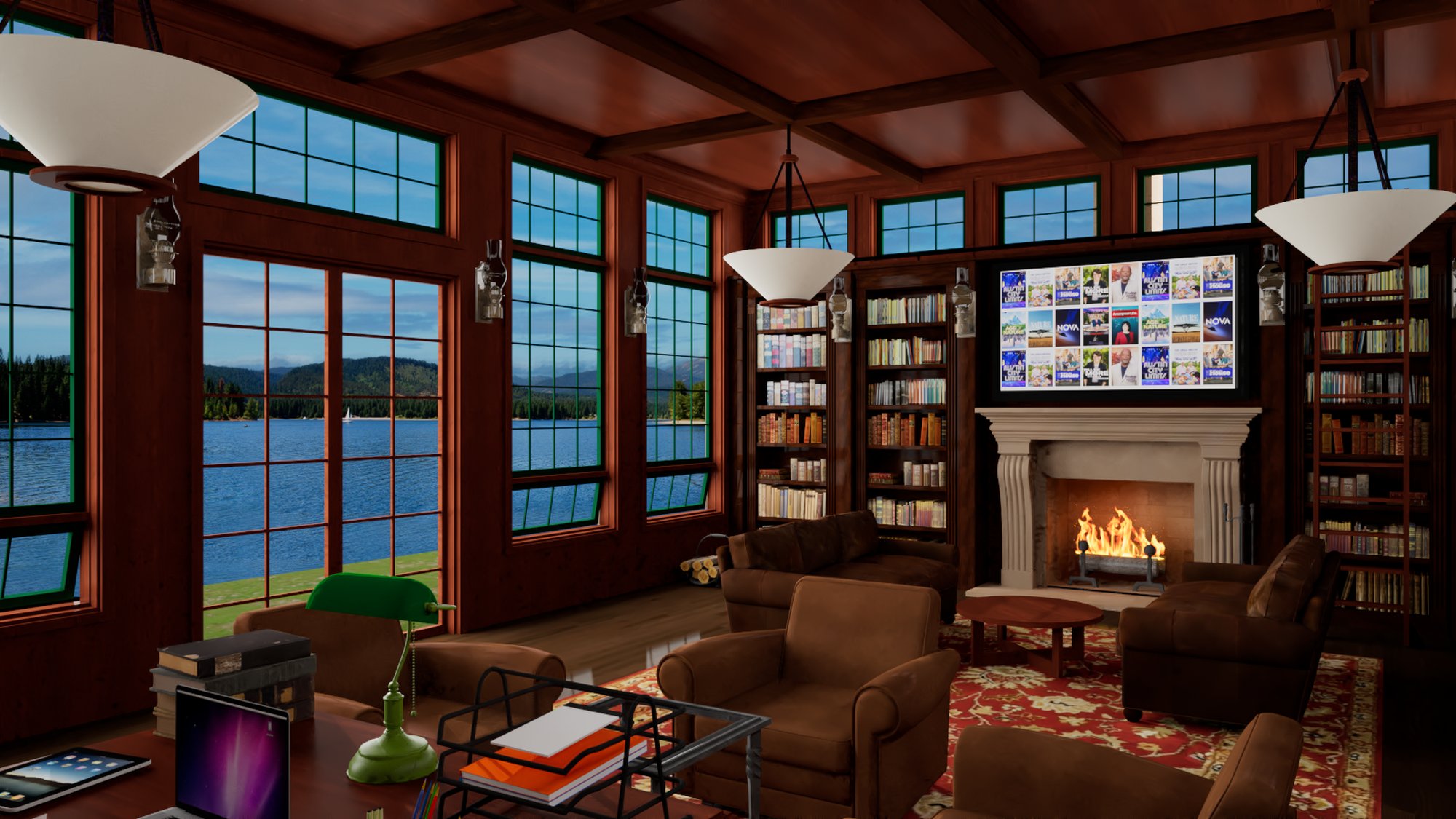 The Study — fireplace seating area with lake view