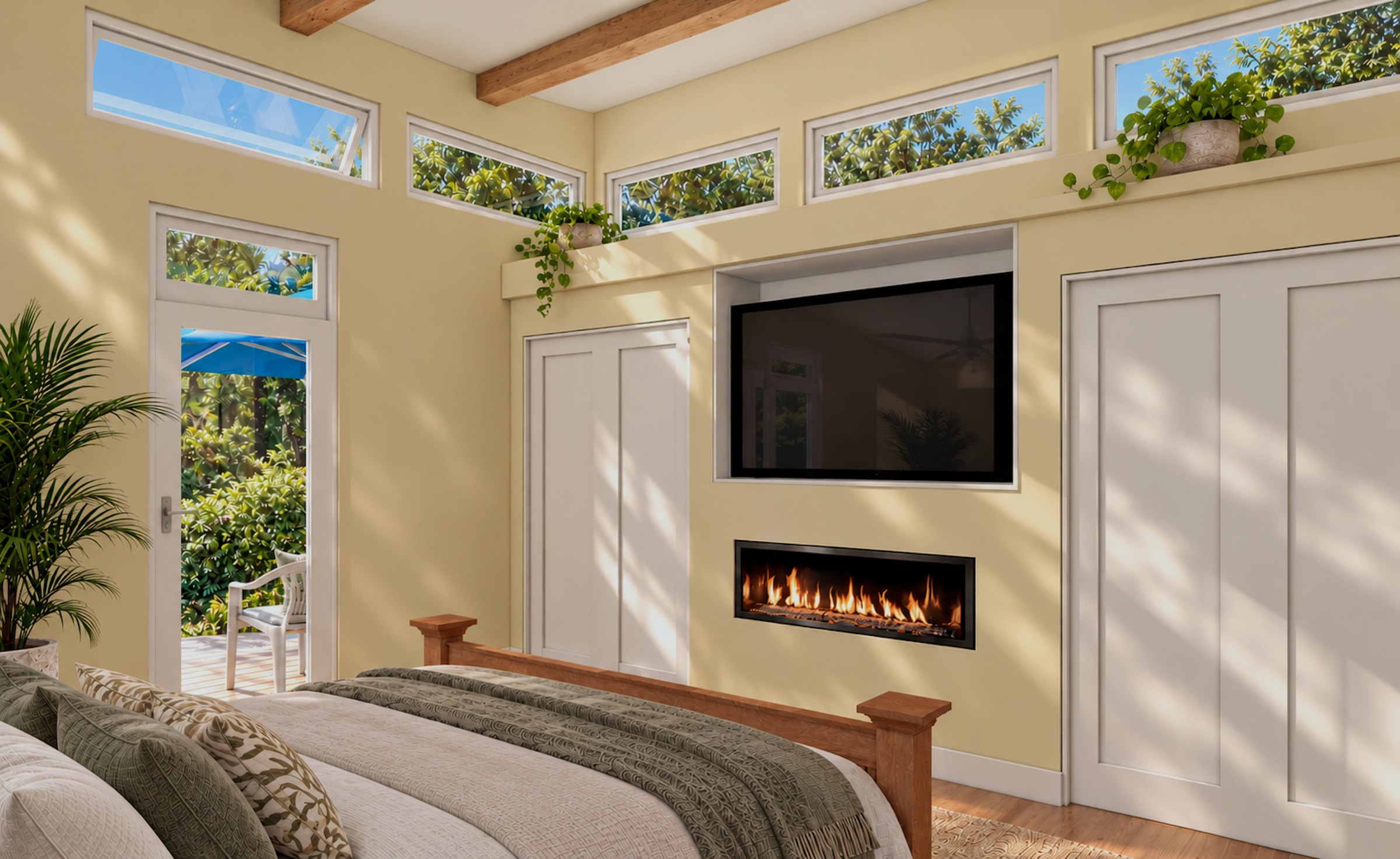 Sunroom Bungalow bedroom with fireplace