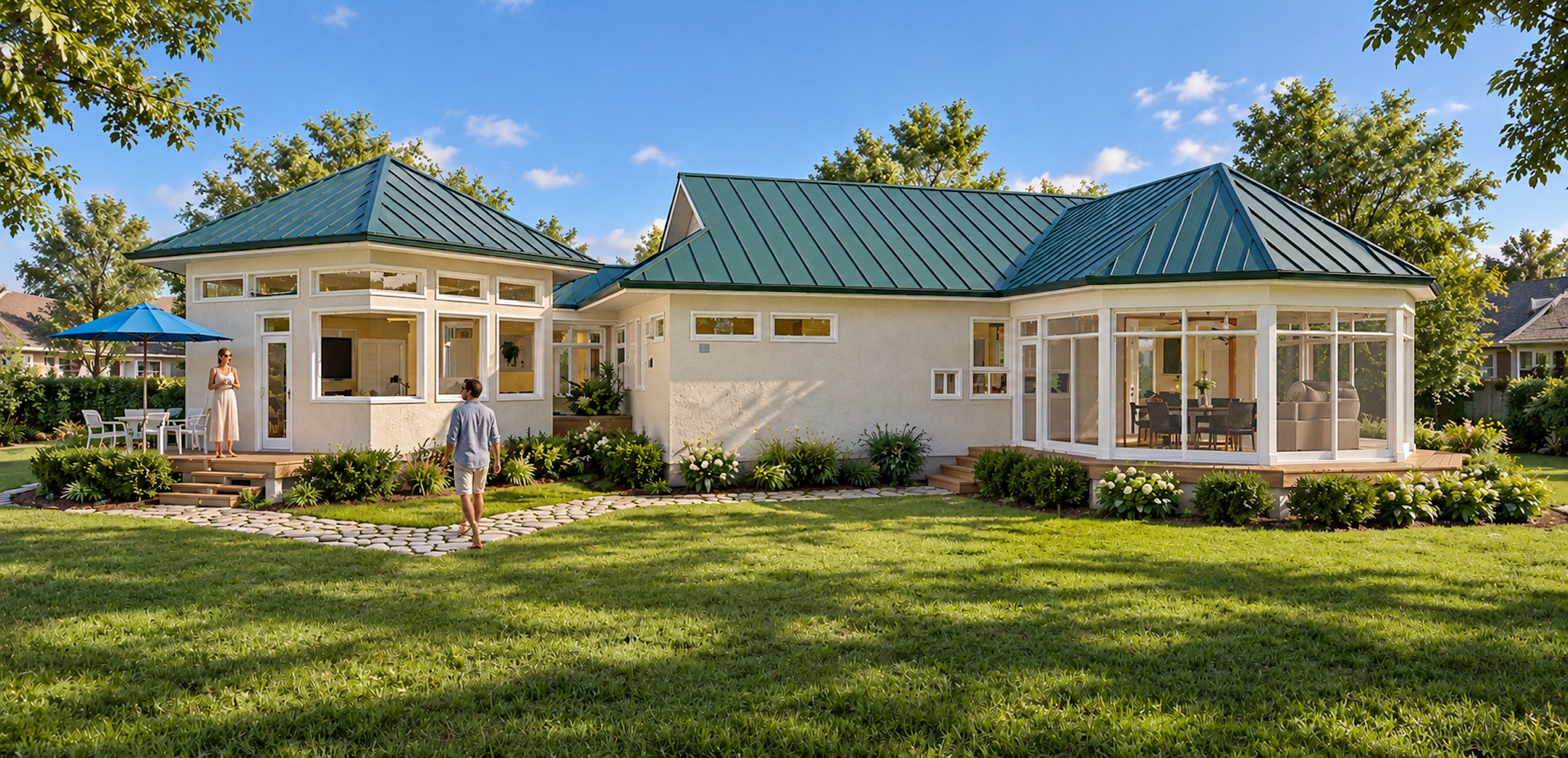Sunroom Bungalow — white stucco bungalow with teal hip roofs and two bay sunrooms