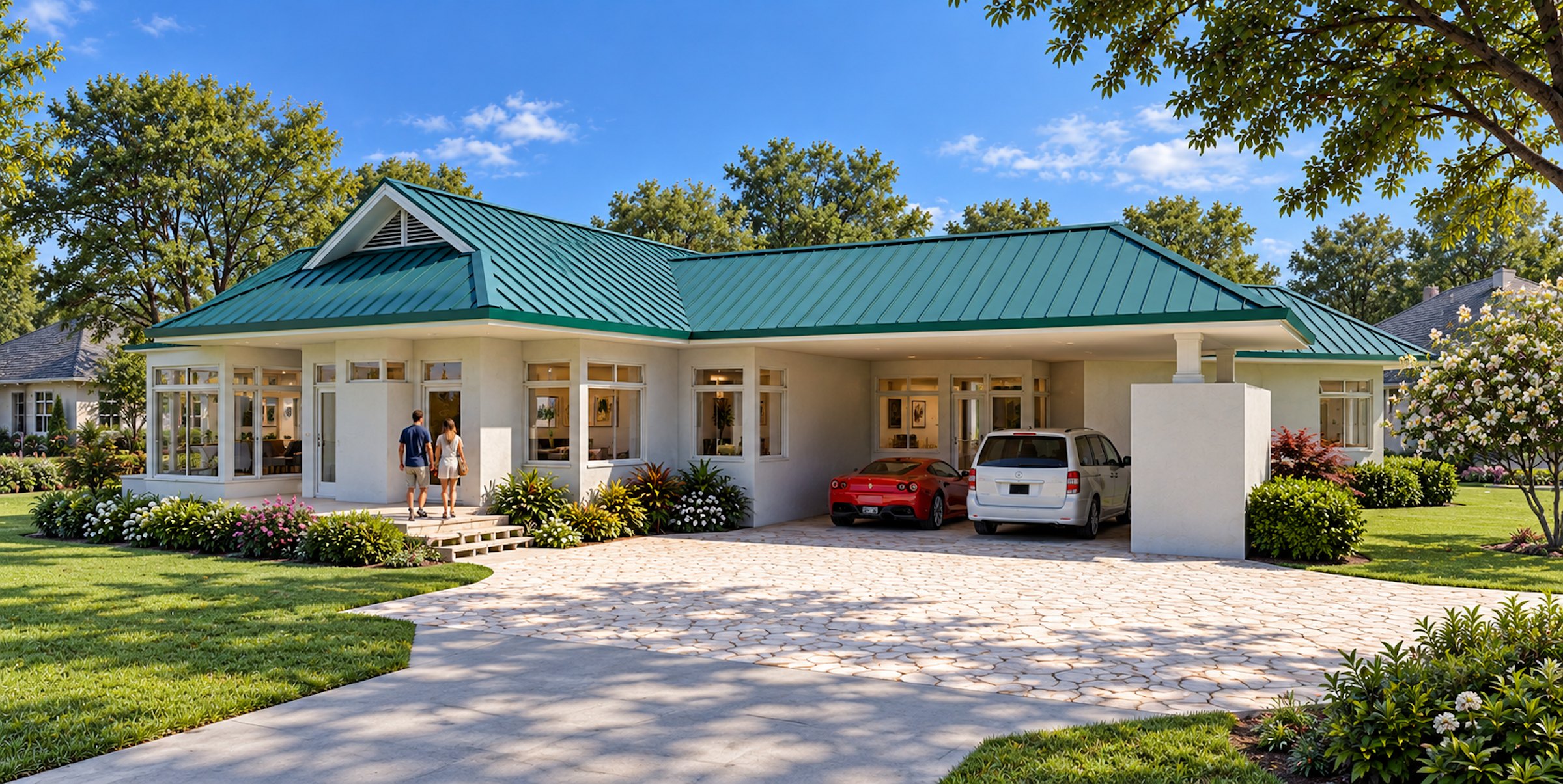 Sunroom Bungalow front entry and carport