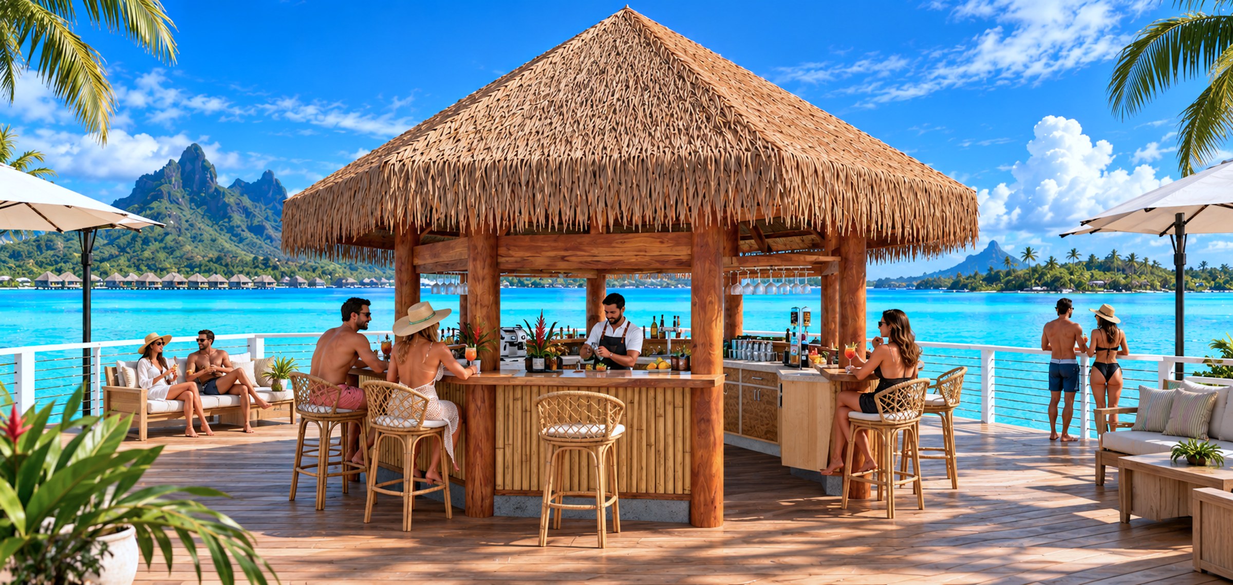 Tiki Bar — thatched bar pavilion on a deck over a turquoise lagoon