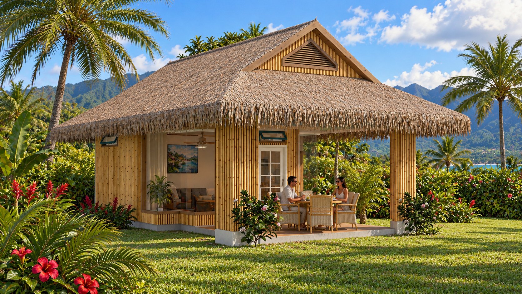 Resort Bungalow — bamboo-clad cottage under a thatched roof