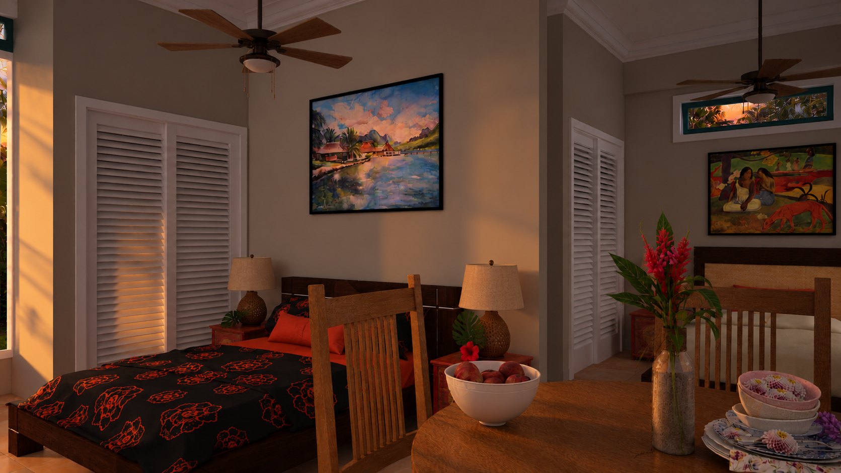 Bed and dining area at dusk