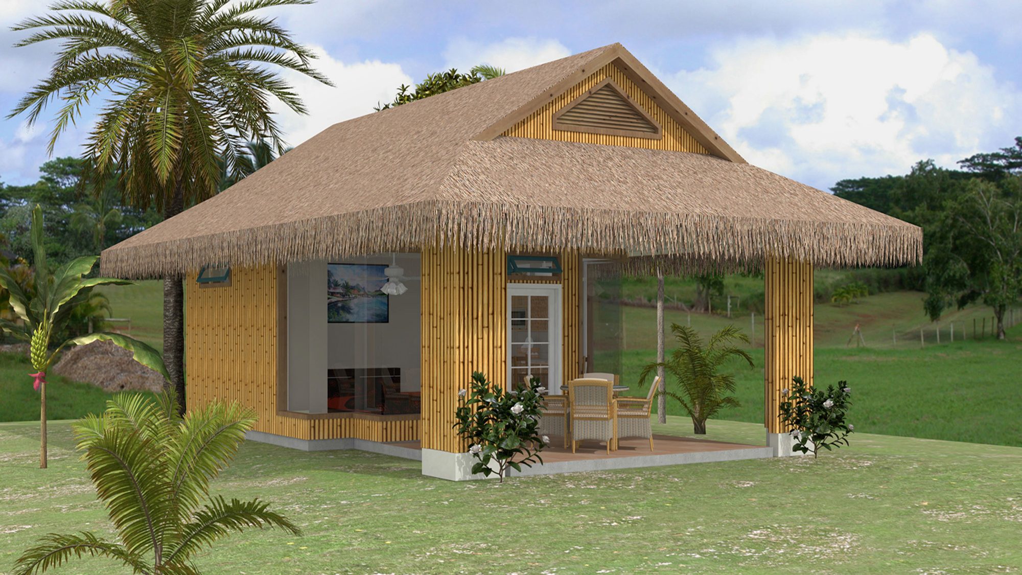 Bamboo-clad exterior with thatched roof