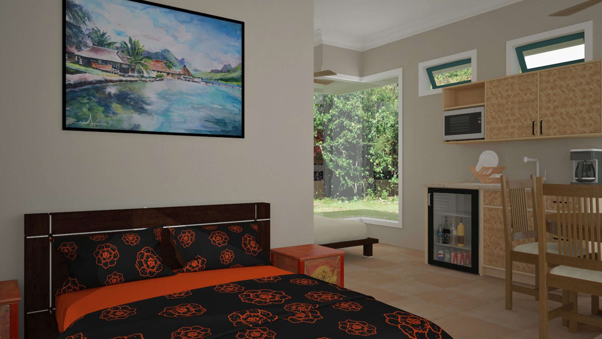 Bed and kitchenette in the single room