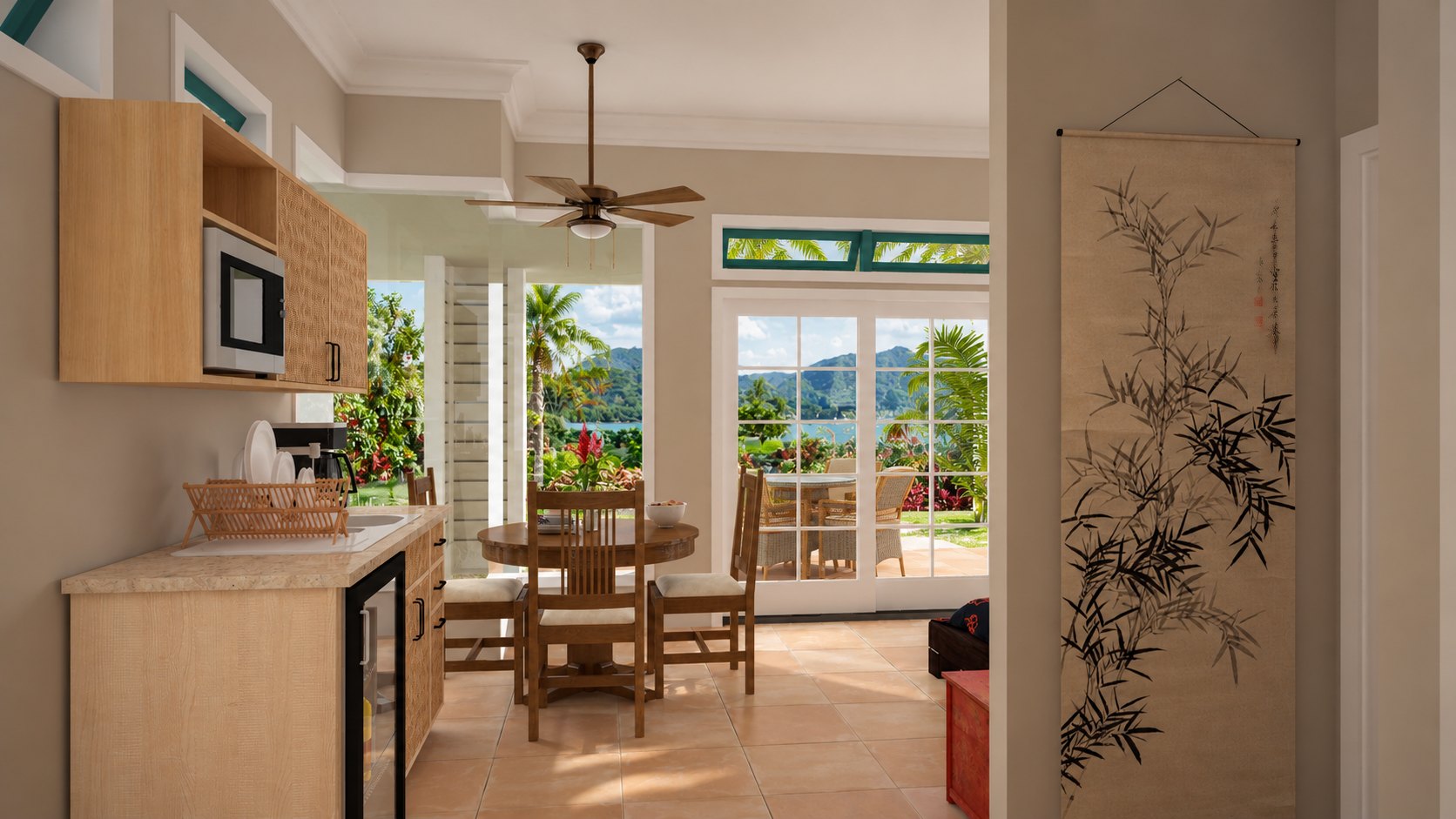 Kitchenette and dining table opening to the lanai