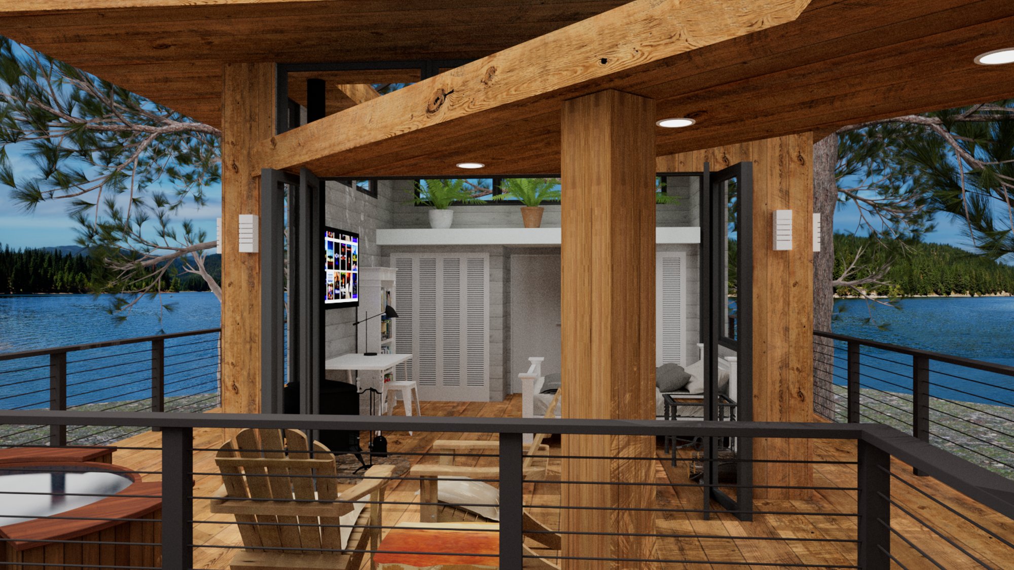 Covered deck of Tree House with hot tub and view into interior