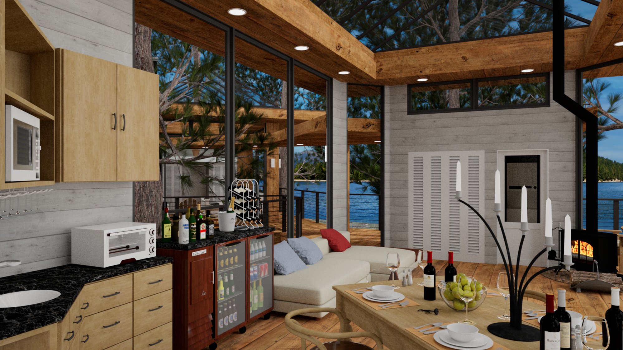 Dining and living area of Tree House around the wood stove