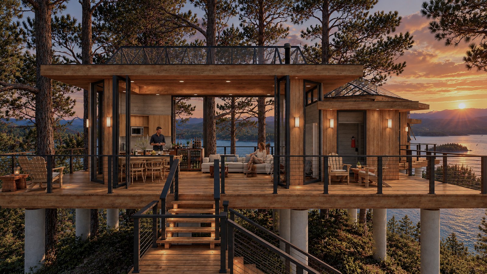 Tree House — entry stair and open living pod at sunset above the lake