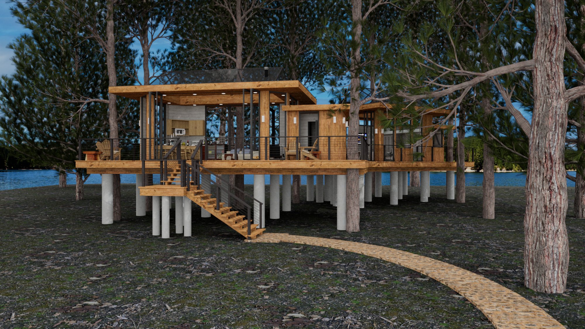 Tree House — front exterior view along the boardwalk approach