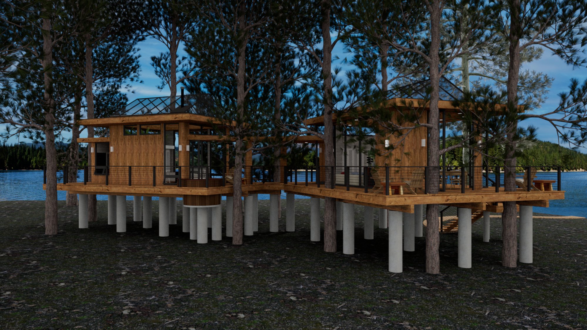 Left exterior view of Tree House showing hot tub and stair