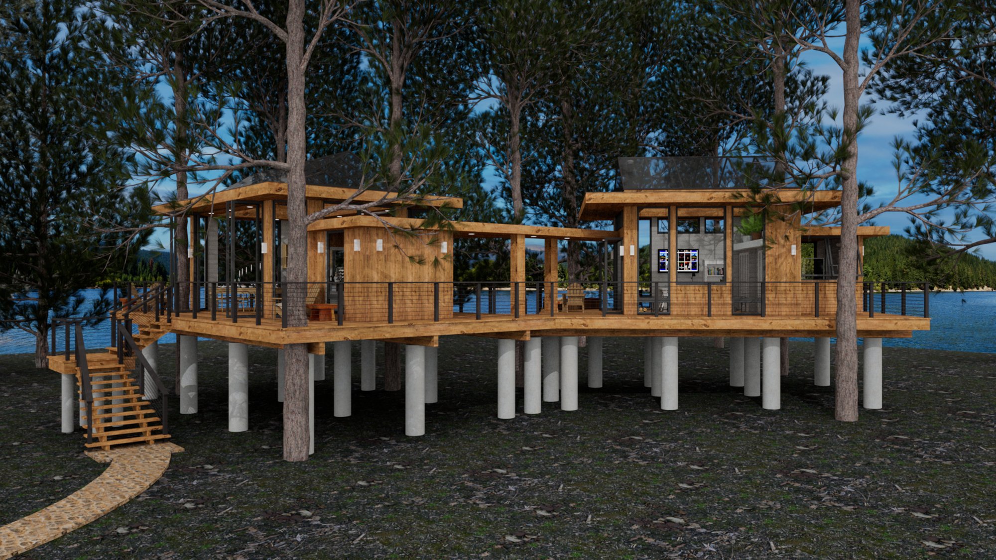 Right exterior view of Tree House showing the linked pods