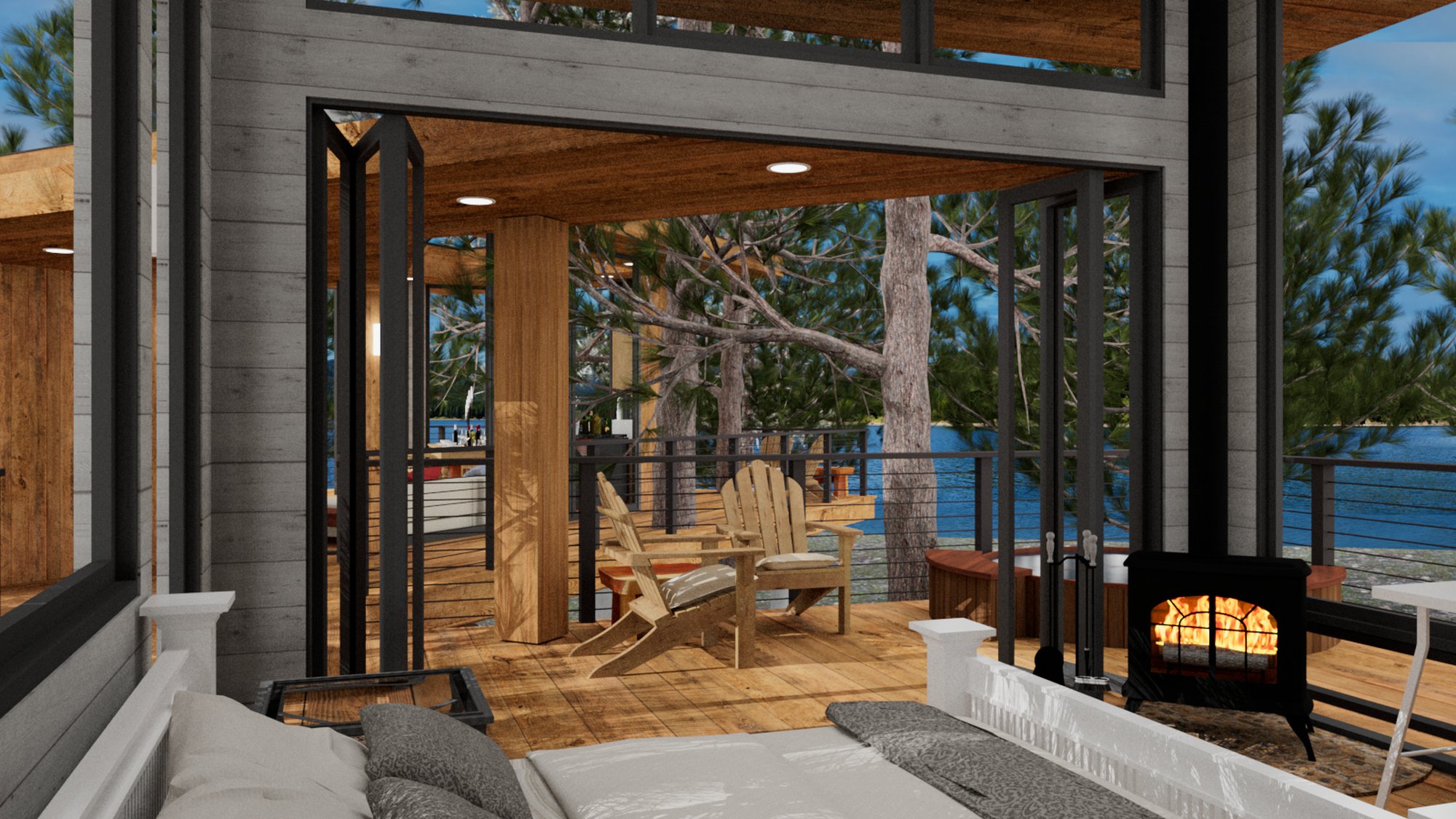 View from the bed toward the wood stove and deck