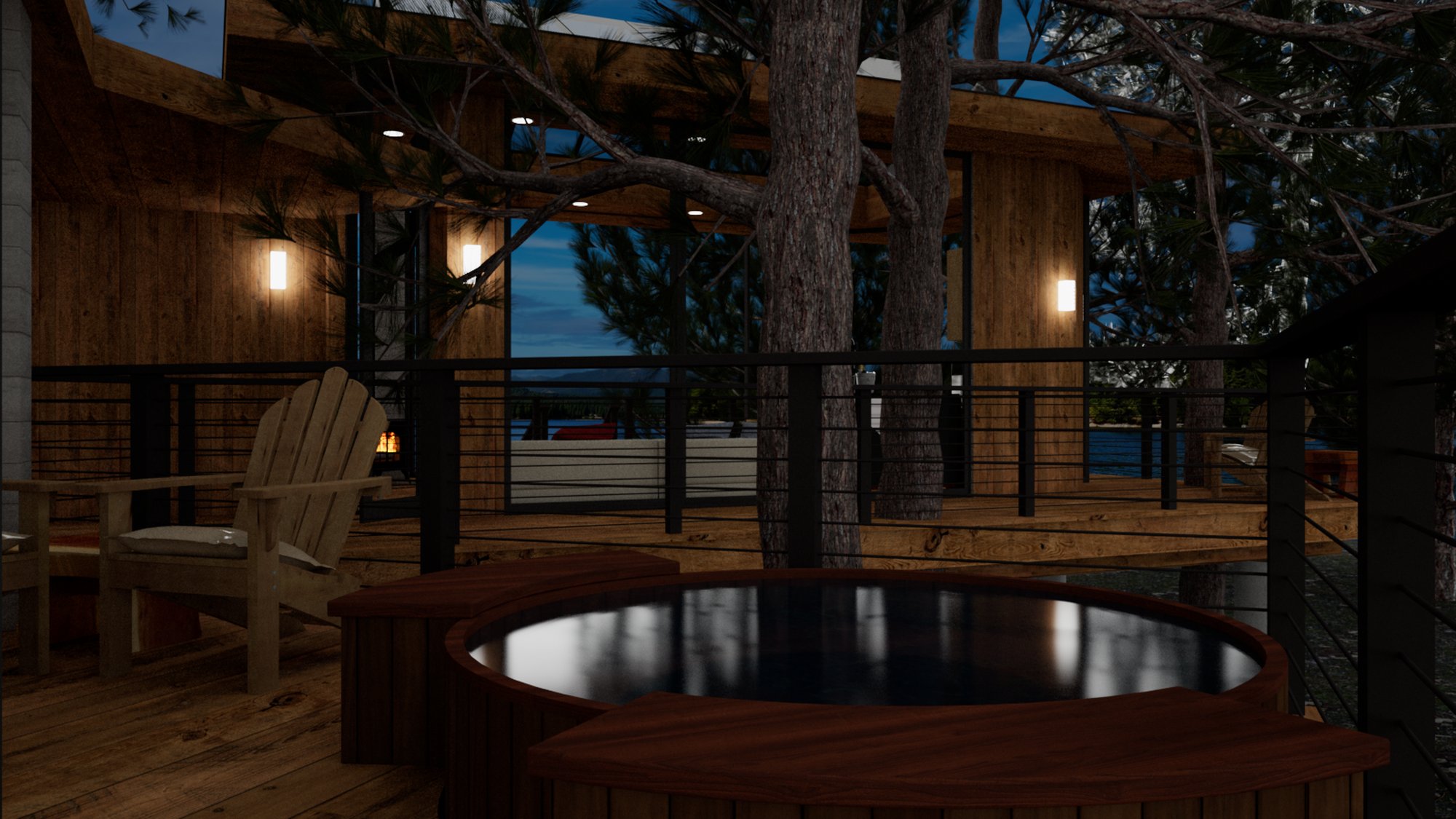 Cedar hot tub on the deck of Tree House at dusk