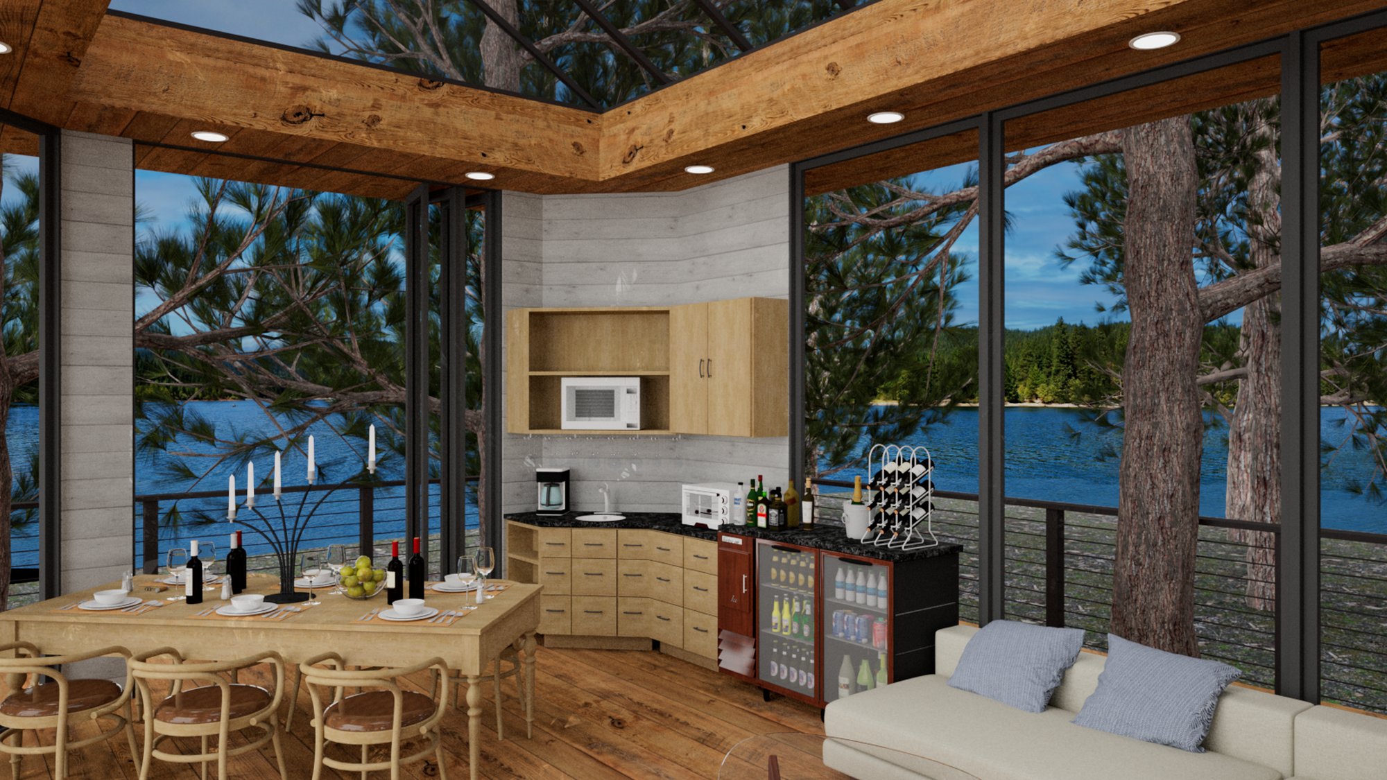 Kitchenette and dining area of Tree House with lake view
