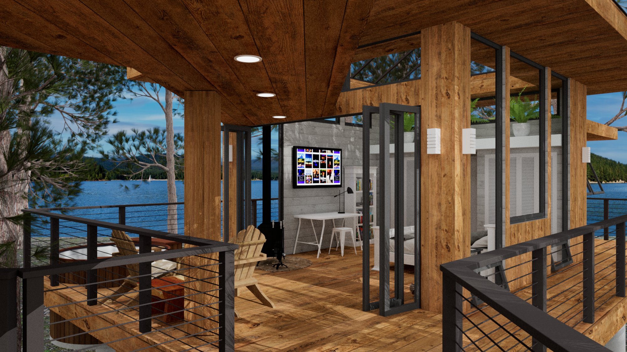Sleeping alcove of Tree House with desk and folding glass doors
