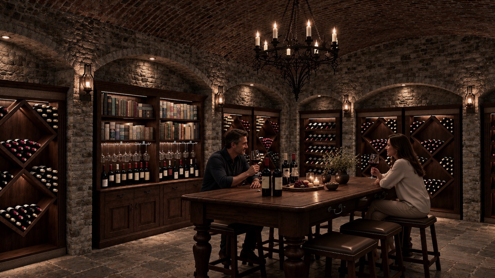 Wine Cellar — barrel-vaulted brick cellar with arched wine racks and a tasting table